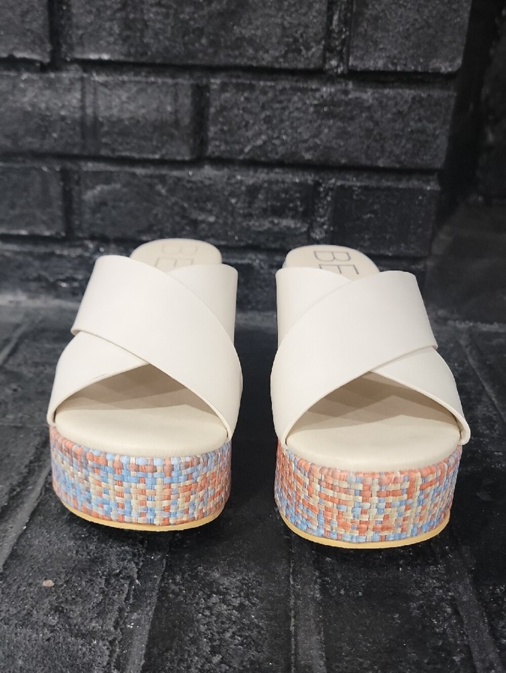Cream Crisscross Platform Sandals with Multicolor Tweed Heel - Picture 3 of 9